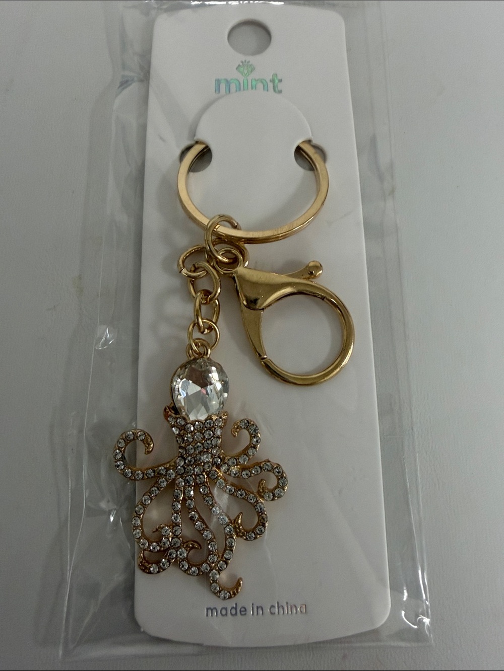 Mint Gold-Tone Octopus Key & Card Holder with Clear Rhinestone Accent